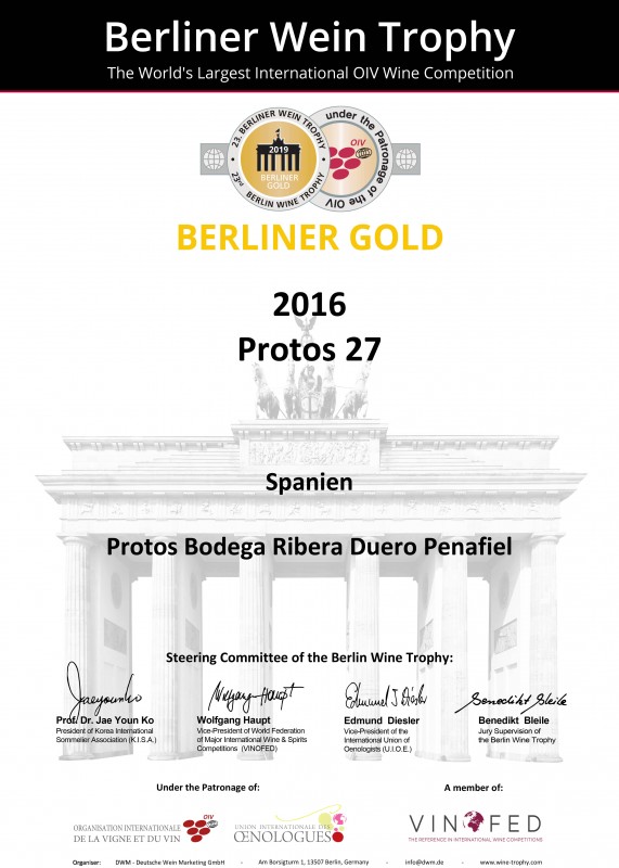 Protos'27 2016 y Protos Roble 2018 obtienen la Medalla de Oro en Berliner Wine Trophy de Alemania