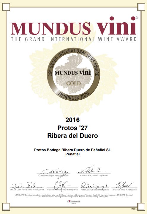 Protos'27, Medalla de Oro en Mundus Vini