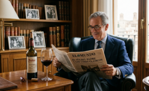 Padre tradicional leyendo el periódico y bebiendo Protos Gran Reserva